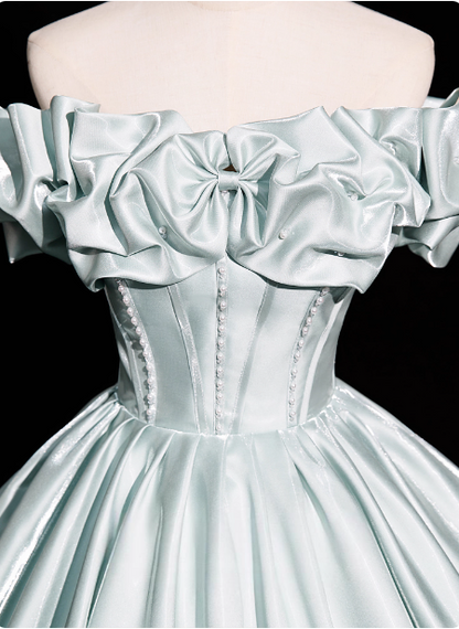 Elegant Mint Light Green Off-The-Shoulder Satin Ball Gown Evening Dresses Sweet 16 Dresses