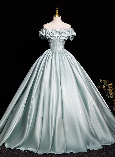 Elegant Mint Light Green Off-The-Shoulder Satin Ball Gown Evening Dresses Sweet 16 Dresses