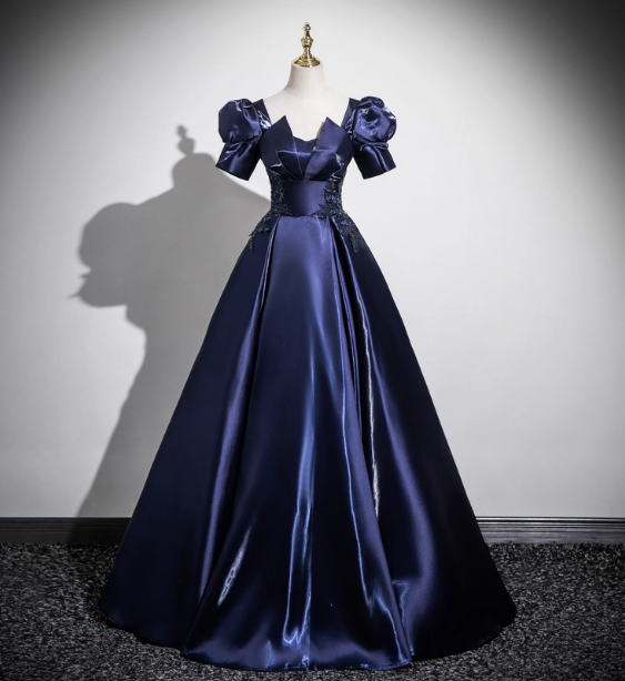 Elegant Navy Blue Puff Sleeve Satin Long Ball Gown Evening Dresses Sweet 16 Dresses