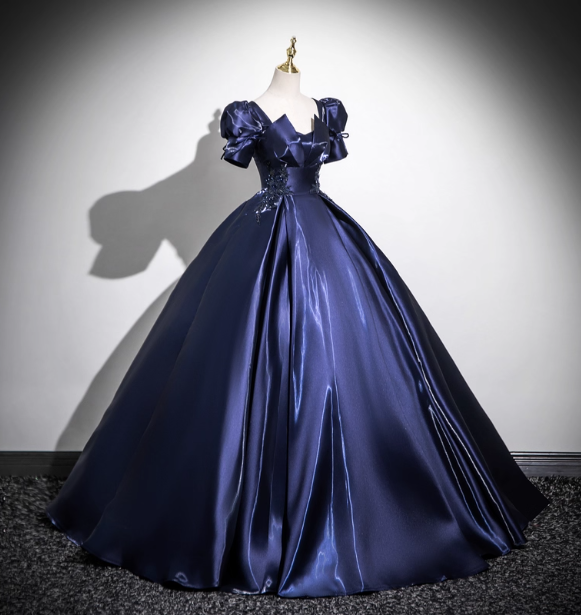 Elegant Navy Blue Puff Sleeve Satin Long Ball Gown Evening Dresses Sweet 16 Dresses