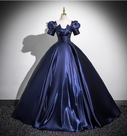 Elegant Navy Blue Puff Sleeve Satin Long Ball Gown Evening Dresses Sweet 16 Dresses