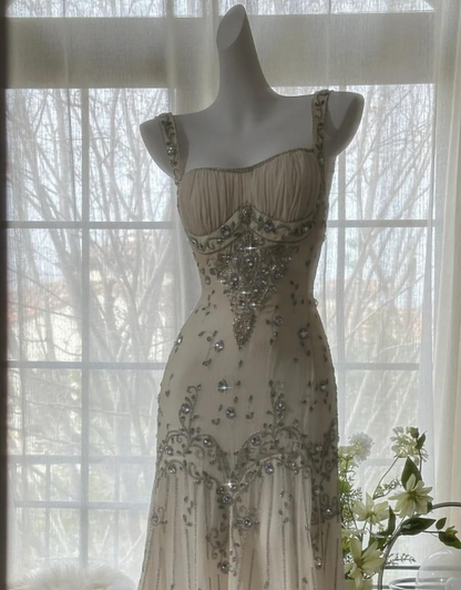 Elegant Spaghetti Straps Apricot Beaded Chiffon Mermaid Gown Vintage Backless Prom Dresses