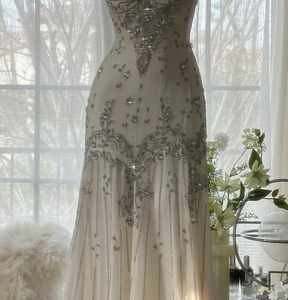 Elegant Spaghetti Straps Apricot Beaded Chiffon Mermaid Gown Vintage Backless Prom Dresses