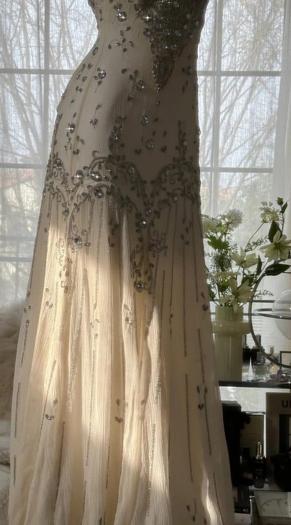 Elegant Spaghetti Straps Apricot Beaded Chiffon Mermaid Gown Vintage Backless Prom Dresses