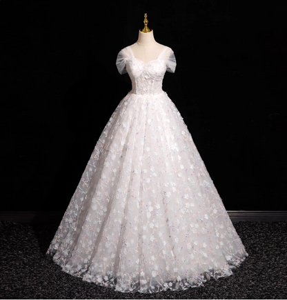 Elegant White 3D Floral Tulle Long Ball Gown Evening Dresses Sweet 16 Dresses