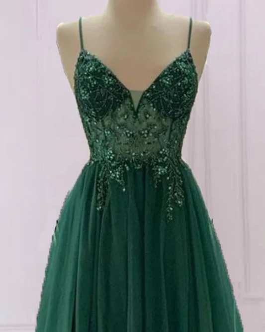 Emerald Green Beautiful V Neck Exquisite Beading Spaghetti Straps Long Tulle Handmade Custom Ball Gowns Prom Dress