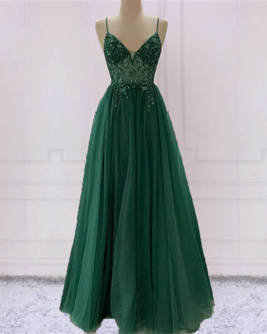 Emerald Green Beautiful V Neck Exquisite Beading Spaghetti Straps Long Tulle Handmade Custom Ball Gowns Prom Dress