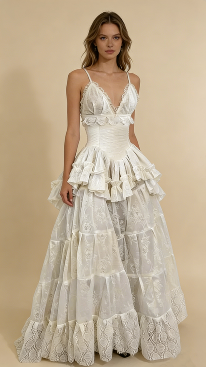 Retro V Neck Straps A-Line Lace Ruffles Vintage Wedding Dress Evening Dress, D861