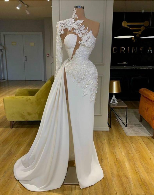 Exquisite Lace White Prom Dresses High Neck One Shoulder Long Sleeve Prom Gown Side Split Robes De Mari¨¦E