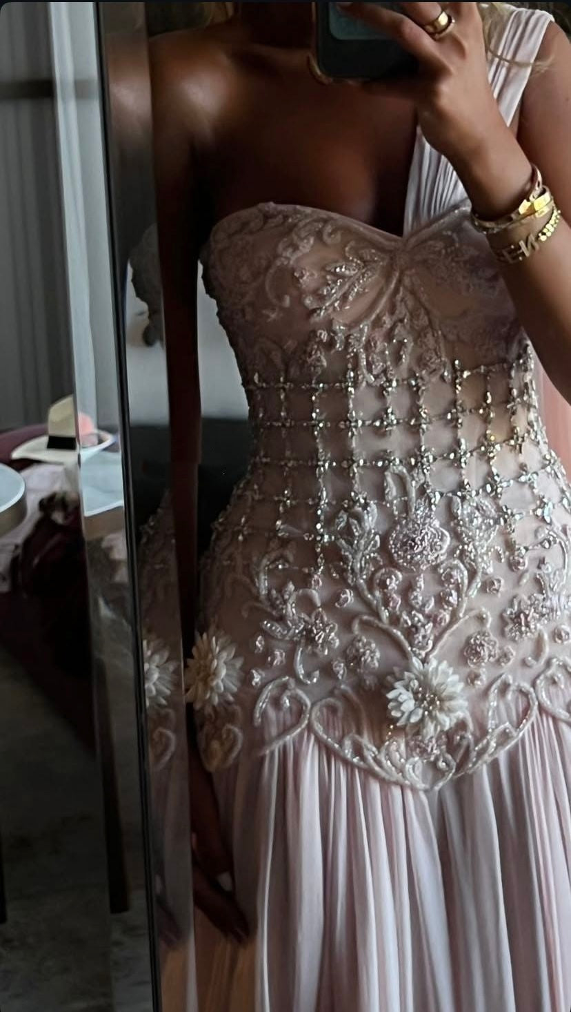 Exquisite Mermaid One Shoulder Pink Chiffon With Silver Beaded Prom Dress Long Prom Dresses 18Th Birthday Outfits Prom Gowns