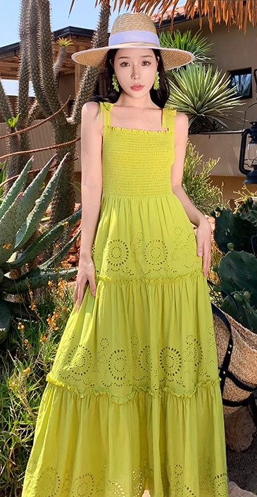 Bohemian holiday long dress elastic square neck slim waist embroidered ruffled suspender dress R0206