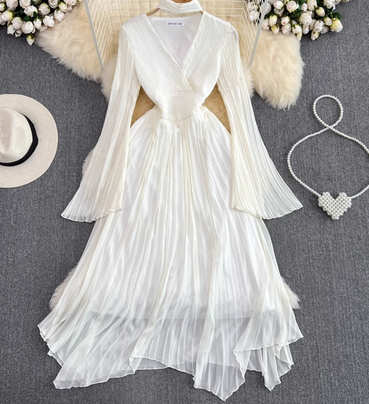 French tea break dress temperament super fairy trumpet long sleeve halter neck V neck waist A-line dress R0400