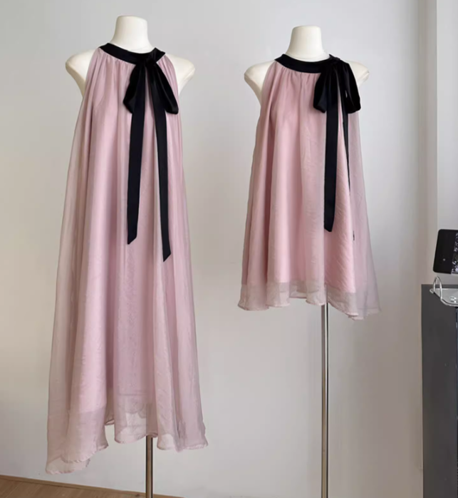 Classic pink and black halter neck dress gentle temperament skirt long skirt for women R0293
