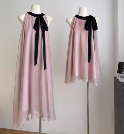 Classic pink and black halter neck dress gentle temperament skirt long skirt for women R0293