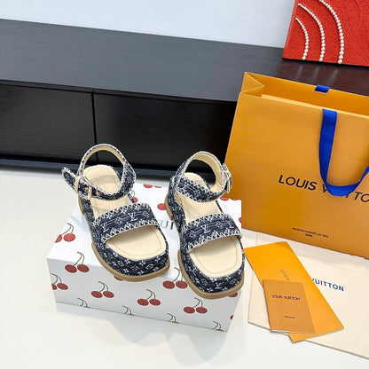 LV Maya Platform Sandals 6cm Blue Denim Beige Cowhide 572500