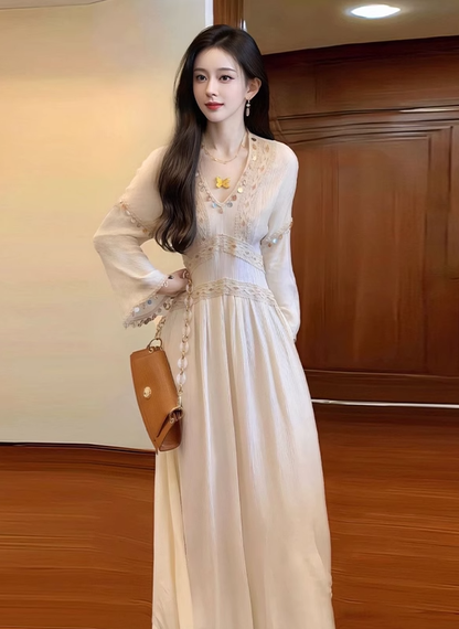 Green v-neck long-sleeved dress, niche style, no-collar retro waist temperament long skirt R0473