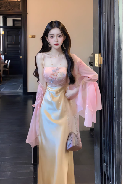 Gentle and elegant pink jacquard suspender dress with slim waist and hip skirt R0485
