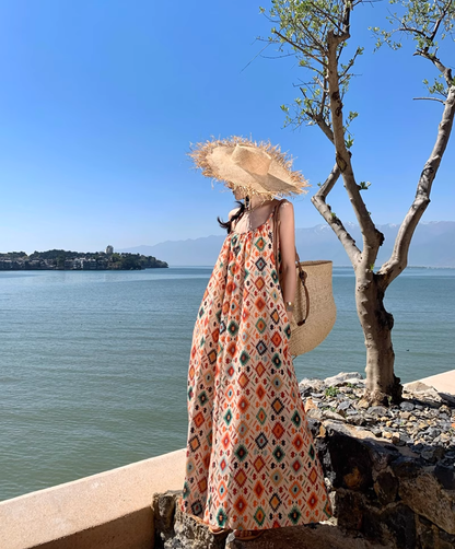 National style retro floral suspender dress temperament loose A-line long skirt R0615
