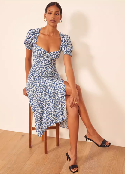 Summer square neck retro floral dress new French slit midi dress R2915