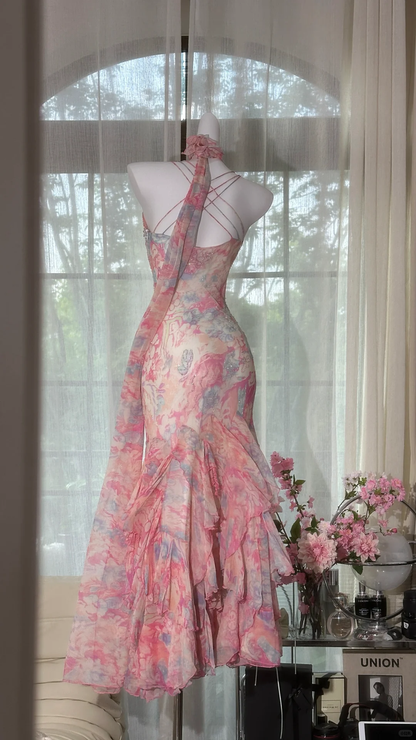 Elegant Fairy Mermaid Long Chiffon Spaghetti Strap Evening Dress Prom Dresses D1497