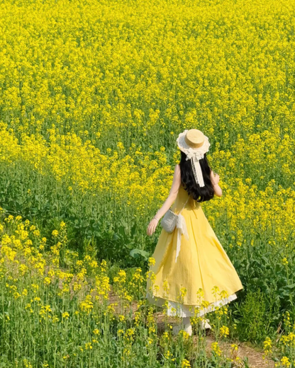 Travel wear women's yellow suspender dress gentle temperament super beautiful waist skirt R0437