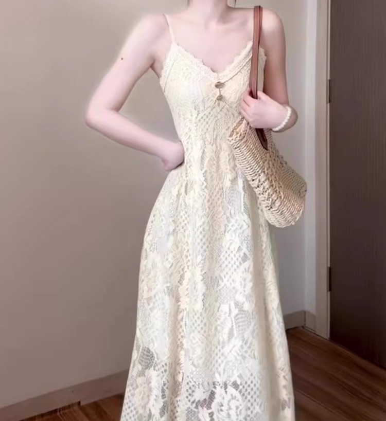 Retro v-neck hollow suspender dress niche waist temperament long skirt R0679
