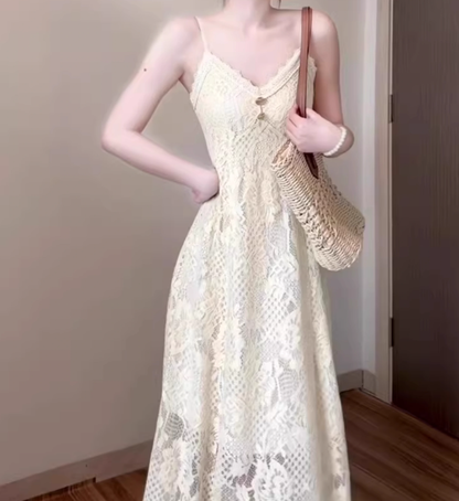 Retro v-neck hollow suspender dress niche waist temperament long skirt R0679