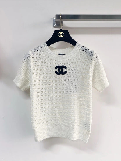 Chanel 2026 Hollow Short-Sleeve Shirt Pink Black White Wool Cashmere