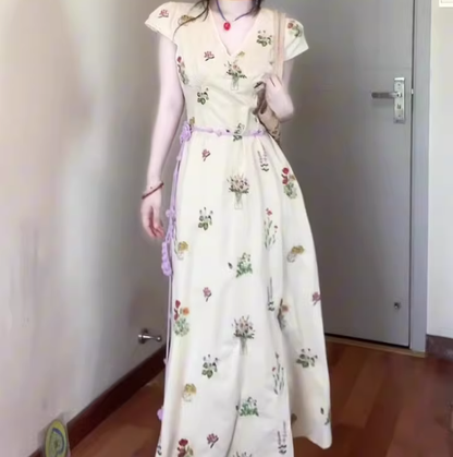 Retro v-neck floral dress 2025 new gentle temperament waist a-line long skirt R0747