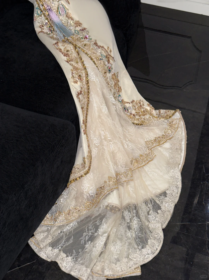 Sparkling Beige Beaded Sequined Design Elegant Mermaid Prom Dress Evening Dress D1695
