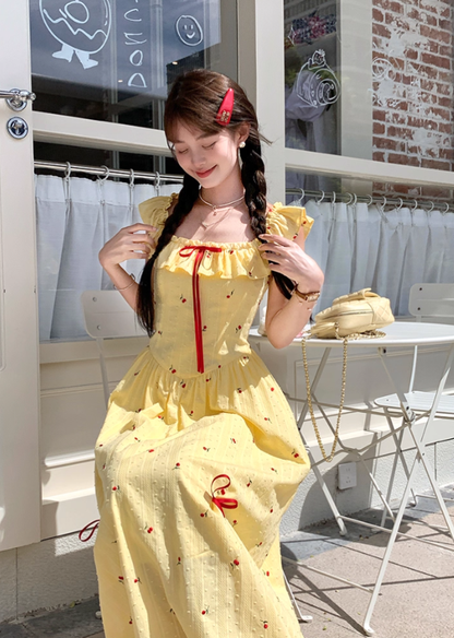 Long ruffled square neck waist dress for women summer French temperament A-line skirt R4744