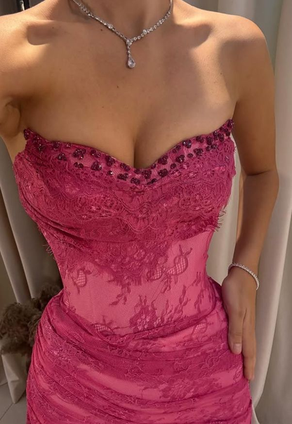 Pink Lace Prom Dress Sweetheart Neck Evening Dress With Slit  fg8226