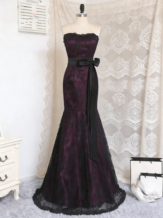 Gothic Purple and Black Lace Mermaid Prom Gown Strapless Floor Length Party Dress Evening Dress