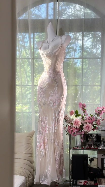 Elegant Light Pink Floral Applique Romantic Chiffon Evening Dress Prom Dresses D1610