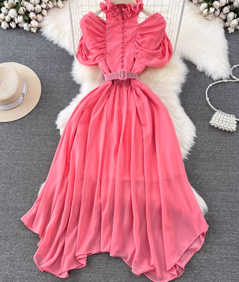Light luxury temperament stand-up collar off-shoulder pleated waist A-line chiffon dress elegant long skirt R0374