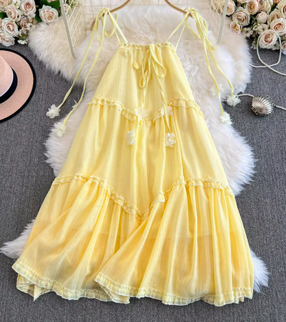 Gentle forest style fairy yellow suspender dress for women new style temperament loose slim long skirt R0332