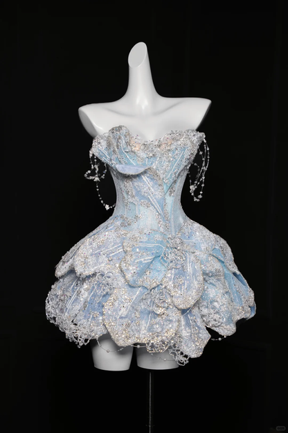 Light blue diamond sequined tube top with slim waist and short skirt for homecoming dress R4124
