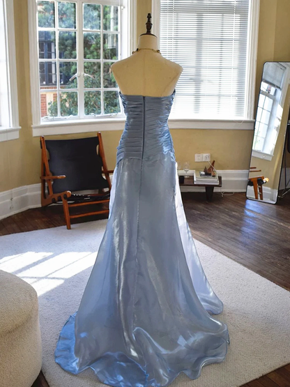 Vintage-Inspired Blue Strapless Prom Dress, Ruched Pleated Mermaid Evening Dress  fg8746