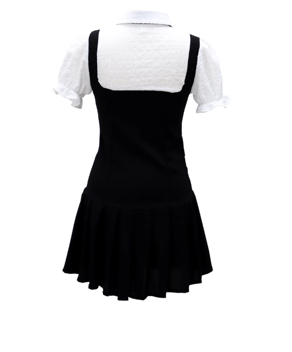 Sweet pure college style puff sleeve dress new style waist slimming lapel fake two-piece dress R0140