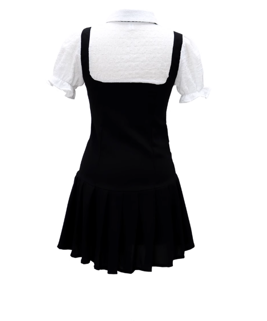 Sweet pure college style puff sleeve dress new style waist slimming lapel fake two-piece dress R0140