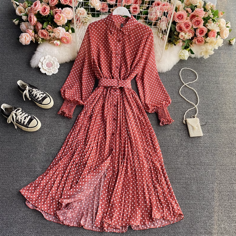 Polka dot chiffon shirt collar dress new style gentle style waist large swing pleated long skirt R0316