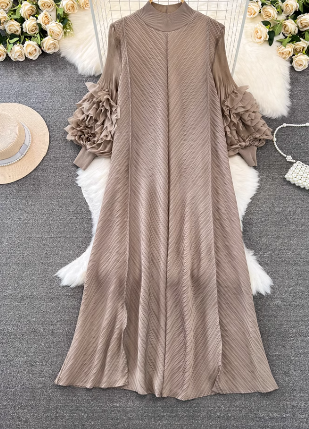 High-class lady temperament pleated lantern long sleeve loose A-line solid color elegant dress R0319