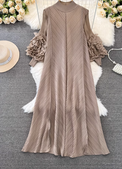 High-class lady temperament pleated lantern long sleeve loose A-line solid color elegant dress R0319