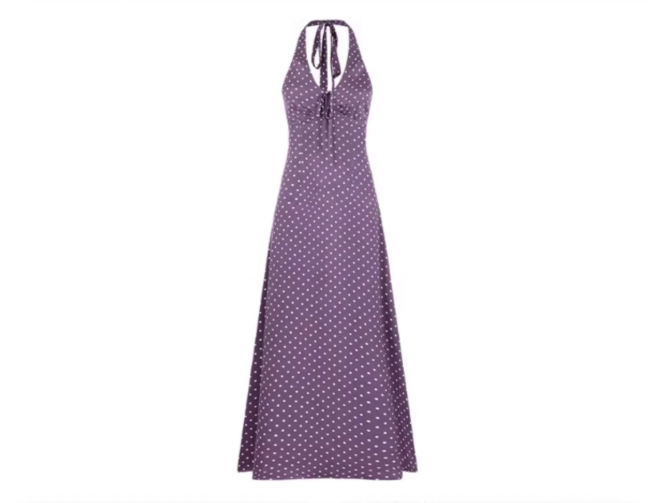 French purple v-neck polka dot halter dress for seaside vacation, beautiful waisted A-line long skirt R0425