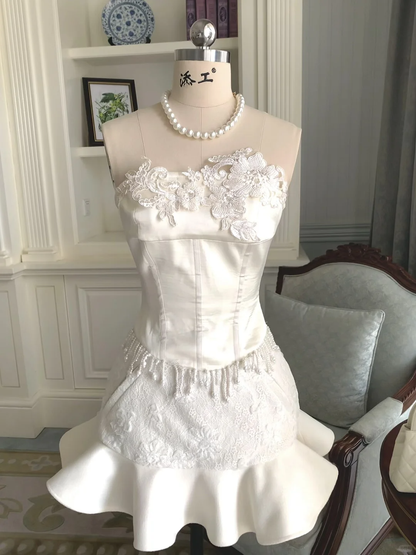 White lace tube top waist satin splicing ruffled skirt short skirt homecoming dress R4148