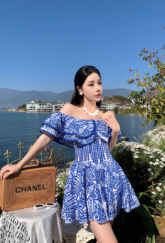 French heavy embroidery hollow ruffle short skirt one shoulder holiday waist slim fishbone tube top dress R0201