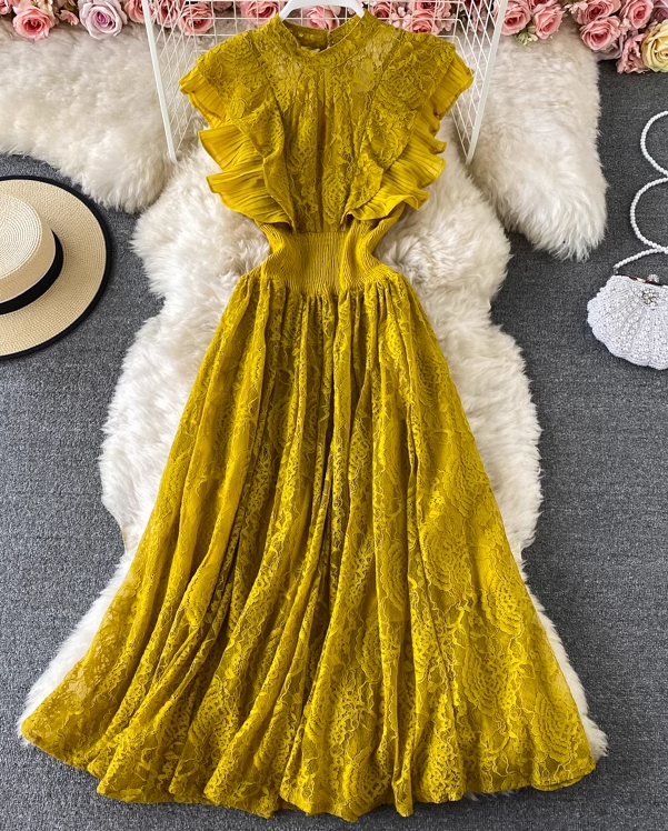 Lace round neck dress long sleeves fashionable slim fit elegant ruffled long skirt dress skirt R0396