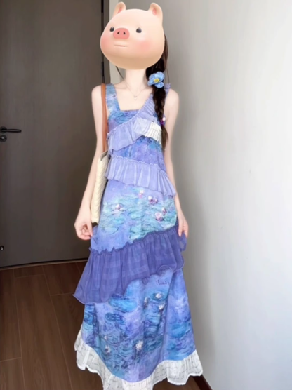 Purple floral suspender dress retro irregular ruffle waist temperament long skirt R0460