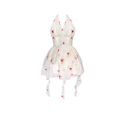 Pure desire style halter neck floral dress 2025 new style skirt design niche waist slimming short skirt R0123