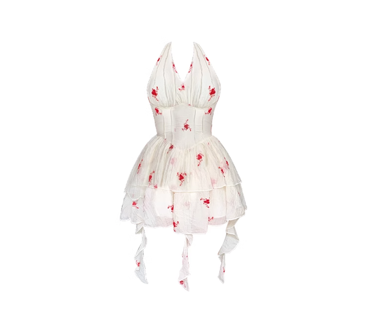 Pure desire style halter neck floral dress 2025 new style skirt design niche waist slimming short skirt R0123